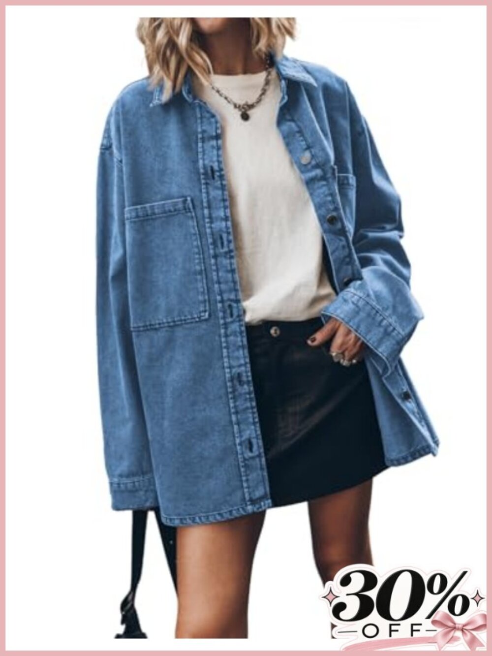 Oversized Button Up Denim Jacket Cotton Blend Overshirt Long Sleeve